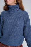 Knitted Sweater With Buttons and High Collar in Blue