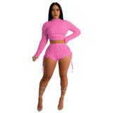 2023 Solid Color Custom Logo Drawstring Knitted Two Piece Set Women Casual