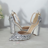 BaoYaFang Silver Crystal Women Wedding Shoes Bride Thick High Heel Pumps Fashion Shoes Woman Shallow Ankle Strap Buckle Shoes
