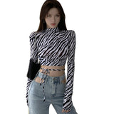 Women T-Shirts Sexy Leopard Zebra Printed Slim Backless Tops Long Sleeve Half-High Collar Short T-Shirt.