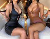 Sexy Halter Bodycon Mini Dresses Women PU Leather Backless Party Club