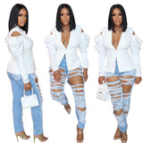 D681W New Design White Cropped Blazer Jacket for Women Puff Sleeve Causal Fashion Blazers Ladies Women