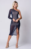 ONE SHOULDER MESH MIDI DRESS