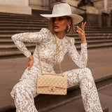 C2404 Factory Price White Red O Neck Pattern Slim Women Casual Jumpsuit