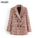Winter Women's Vintage Plaid Double Breasted Tweed Blazers Coat Women Elegant Ladies Long Sleeve Female Outerwear Blaser