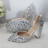BaoYaFang Silver Crystal Women Wedding Shoes Bride Thick High Heel Pumps Fashion Shoes Woman Shallow Ankle Strap Buckle Shoes