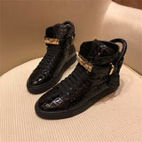 Phenkang Embossed Crocodile High Top Red Flat Leather Boots for Men