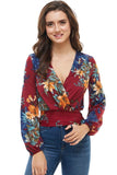 Floral Print Surplice Smock Back Long Sleeve Top