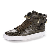 Phenkang Embossed Crocodile High Top Red Flat Leather Boots for Men