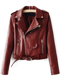 Brown Faux Leather Belted Moto Jacket With Zipper