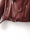 Brown Faux Leather Belted Moto Jacket With Zipper