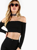 Rib Knit Off Shoulder Crop Top BLACK