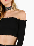 Rib Knit Off Shoulder Crop Top BLACK