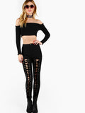 Rib Knit Off Shoulder Crop Top BLACK