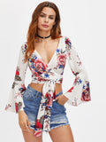 Random Florals Fluted Sleeve Tie Detail Wrap Top