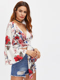Random Florals Fluted Sleeve Tie Detail Wrap Top