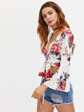 Random Florals Fluted Sleeve Tie Detail Wrap Top