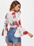 Random Florals Fluted Sleeve Tie Detail Wrap Top
