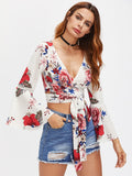 Random Florals Fluted Sleeve Tie Detail Wrap Top