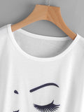 Face Print Cap Sleeve Curved Hem Tshirt