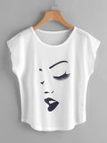 Face Print Cap Sleeve Curved Hem Tshirt