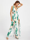 Surplice Neckline Open Back M-Slit Palm Leaf Print