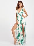 Surplice Neckline Open Back M-Slit Palm Leaf Print