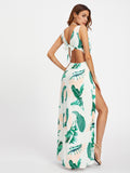 Surplice Neckline Open Back M-Slit Palm Leaf Print
