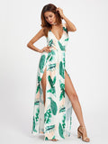 Surplice Neckline Open Back M-Slit Palm Leaf Print