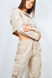 Beige Crop Shirt & Cargo Trouser Lounge Set