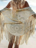 AYUALIN Camel Suede Floral Hollow Out Fringe Tassel Shawl Women Vintage Capes