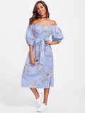 Self Tie Floral And Striped Bardot Dress