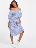 Self Tie Floral And Striped Bardot Dress