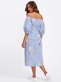 Self Tie Floral And Striped Bardot Dress