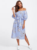 Self Tie Floral And Striped Bardot Dress