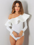 Exaggerated Frill Layered Oblique Shoulder