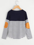 Striped Elbow Patch Curved Hem T-shirt