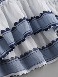 V Neckline Striped Frill Dip Hem Blouse