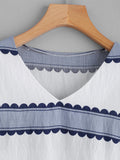 V Neckline Striped Frill Dip Hem Blouse