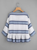 V Neckline Striped Frill Dip Hem Blouse