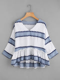 V Neckline Striped Frill Dip Hem Blouse