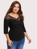 Plus V Neckline Lace Panel Tee