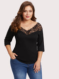 Plus V Neckline Lace Panel Tee