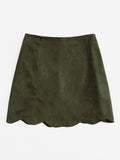 Scallop Hem Single Breasted Suede Skirt