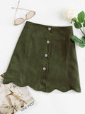 Scallop Hem Single Breasted Suede Skirt