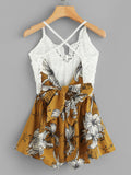 Crochet Lace Panel Bow Tie Back Florals Romper