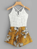 Crochet Lace Panel Bow Tie Back Florals Romper