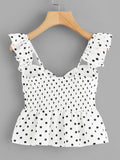 Twist Front Frill Trim Polka Dot Top