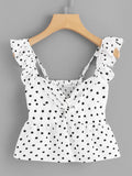 Twist Front Frill Trim Polka Dot Top