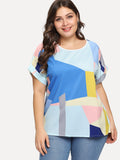 Plus Patchwork Roll Up Sleeve Blouse